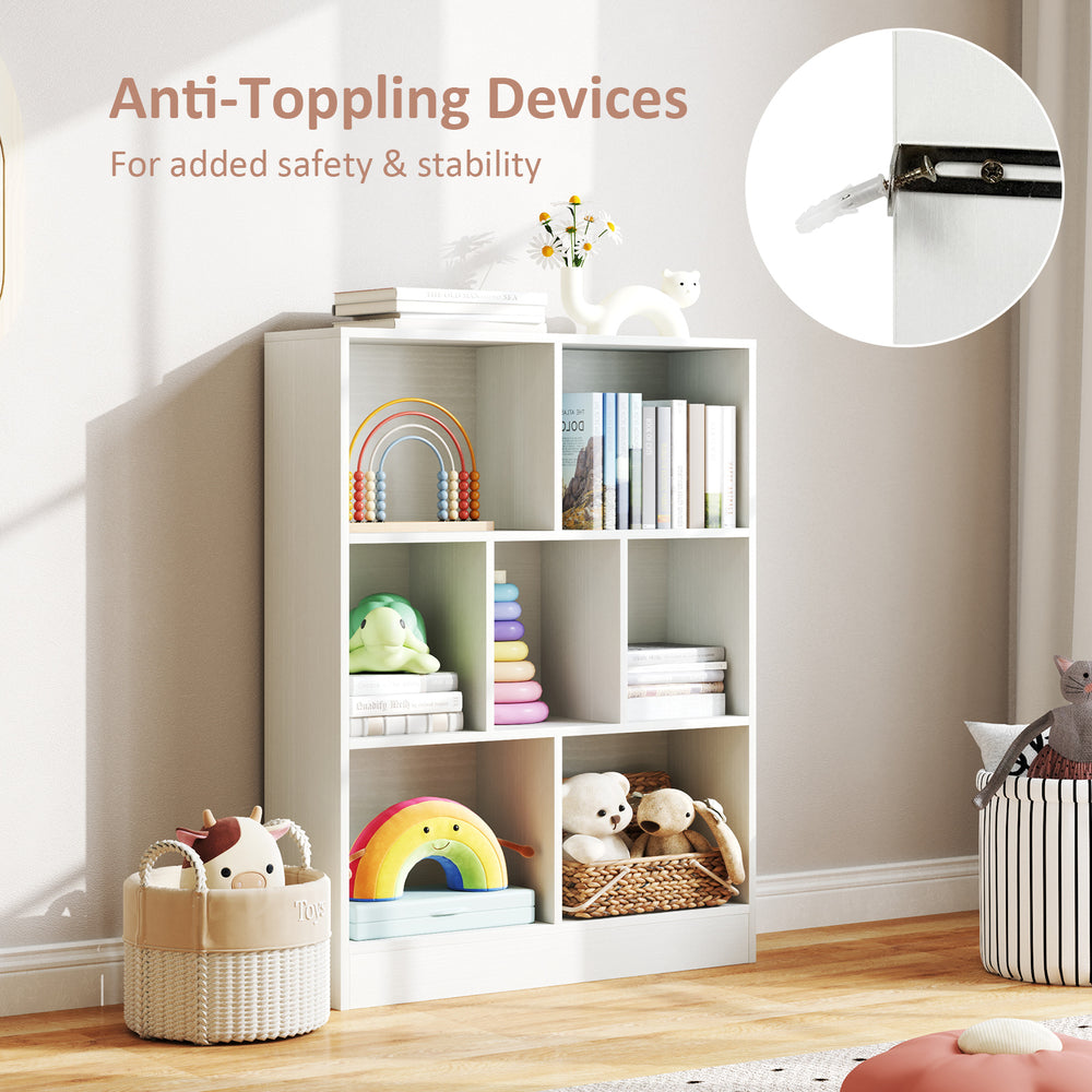 7-section freestanding bookshelf in white with anti-toppling devices, ideal for kids' room or daycare storage and.