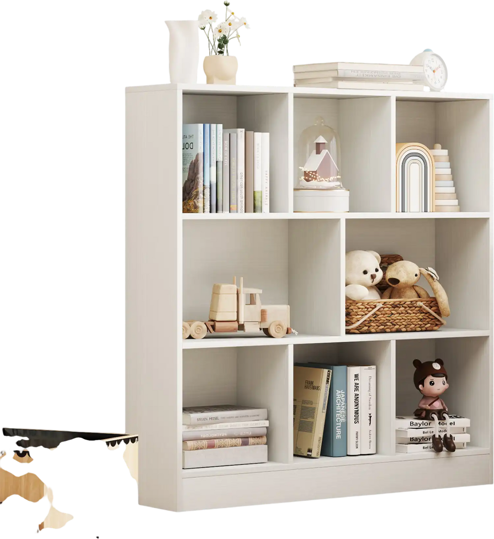 Freestanding 8-cube bookcase in white, perfect for kids' rooms, providing ample storage for toys and books.