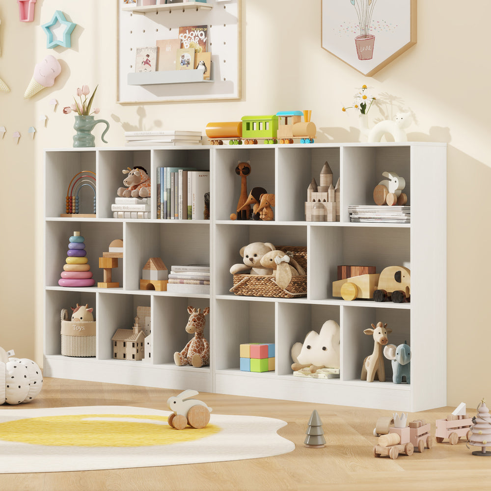 Freestanding 8-cube bookcase in white, ideal for kids' rooms, offering ample storage for toys and books.