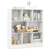 Freestanding 41-inch white bookcase featuring 8 open cubes for kids' toys and books, ideal for playrooms and classrooms.