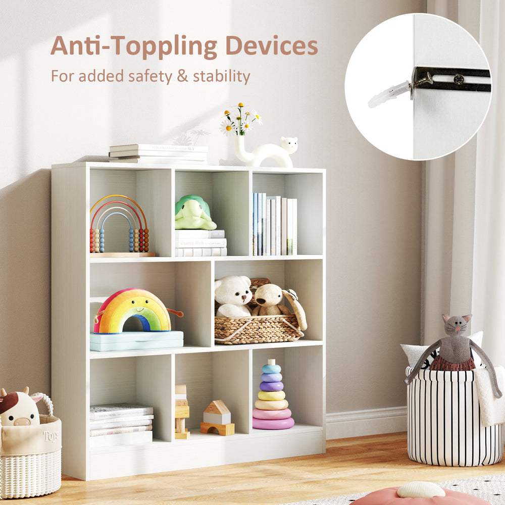 White 41-inch 8-cube freestanding bookcase for kids with anti-toppling devices, perfect for organizing toys and books.