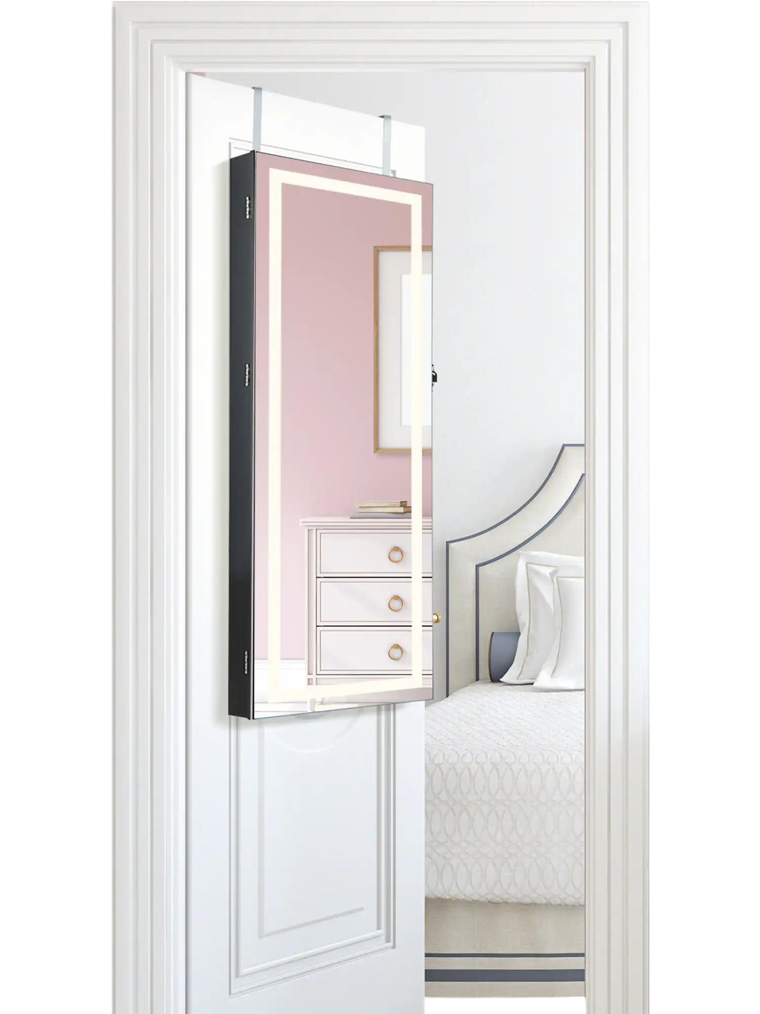 Costway Lockable Jewelry Mirror Wall Cabinet w/ 3-Color LED Lights Black 42.5
