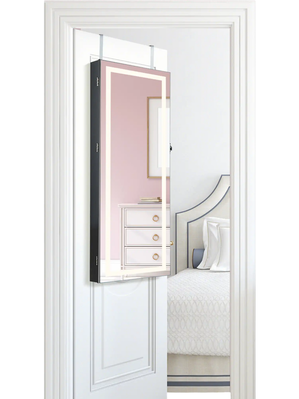 Side view of a lockable jewelry mirror wall cabinet in black, featuring adjustable 3-color LED lights and a full-length.