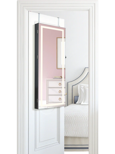 Costway Lockable Jewelry Mirror Wall Cabinet w/ 3-Color LED Lights Black 42.5