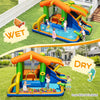 Colorful 8-in-1 jumping castle with slide, featuring wet and dry play areas, climbing wall, and safety mesh net.