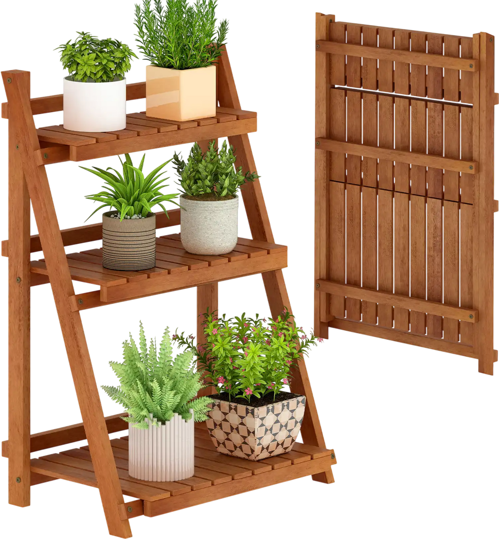 Foldable 3-Tier Solid Wood Plant Stand for Patio Balcony