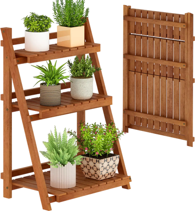 Costway 3-Tier Foldable Solid Wood Plant Stand Patio Balcony 99316192 New