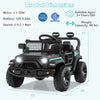 Black 12V kids ride-on truck with remote control, LED headlights, and spring suspension for smooth driving adventures.