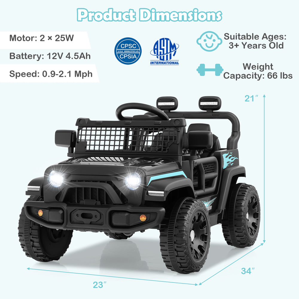 Black 12V kids ride-on truck with remote control, LED headlights, and spring suspension for smooth driving adventures.