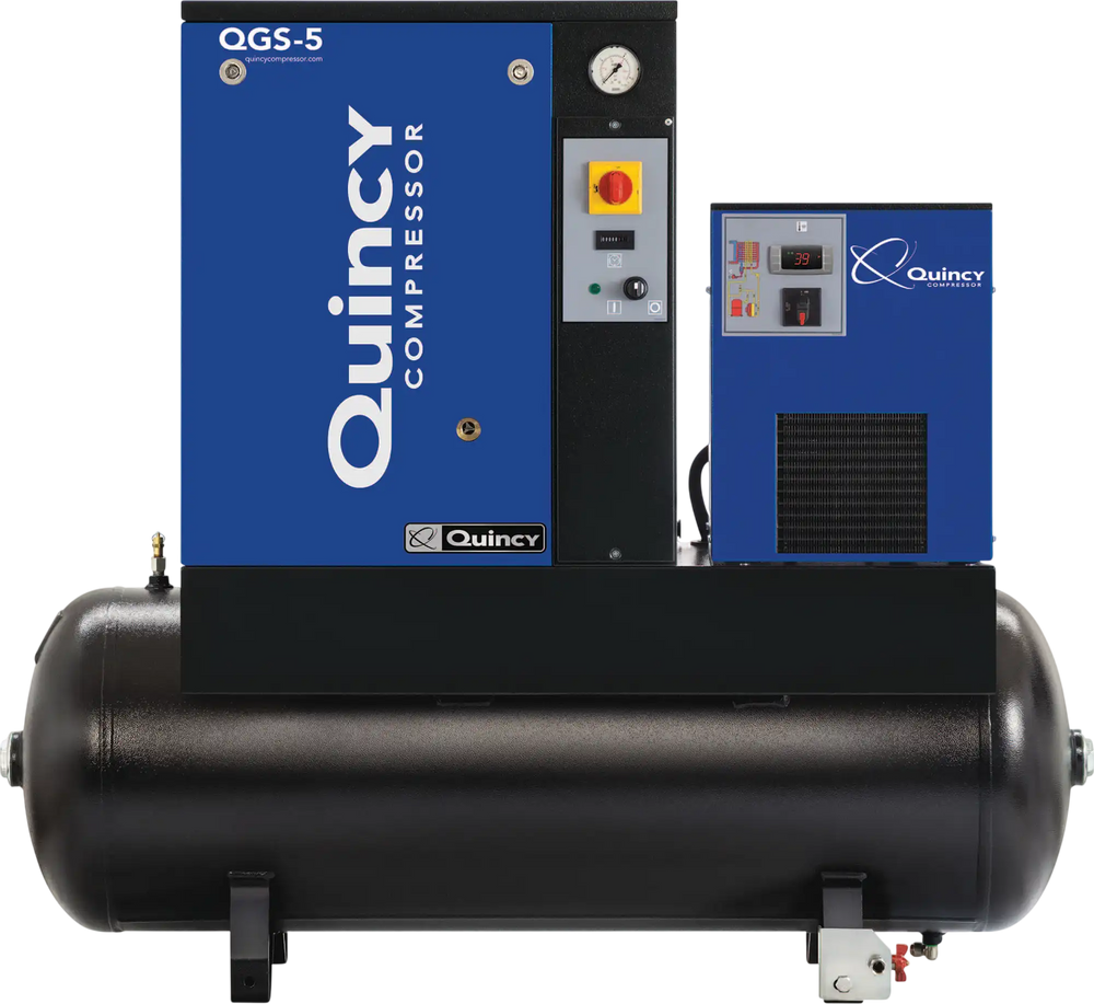 Quincy Compressor QGS Rotary Screw Air Compressor w/ Dryer, 200/208, 230, 460 Volt, 3 Phase, 5 HP, 16.6 CFM, 60 Gallon New