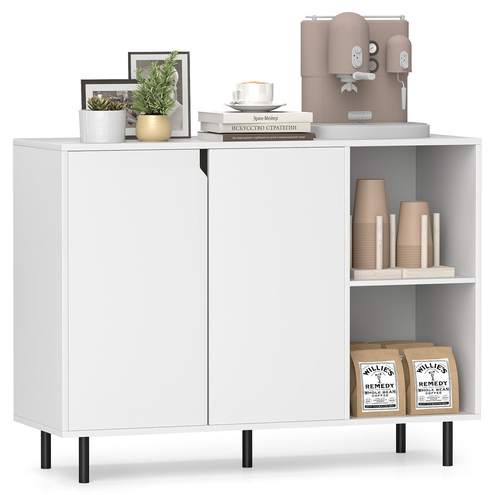 White 42-inch sideboard buffet cabinet with adjustable shelves, soft close hinge, and 5 metal legs for stability.