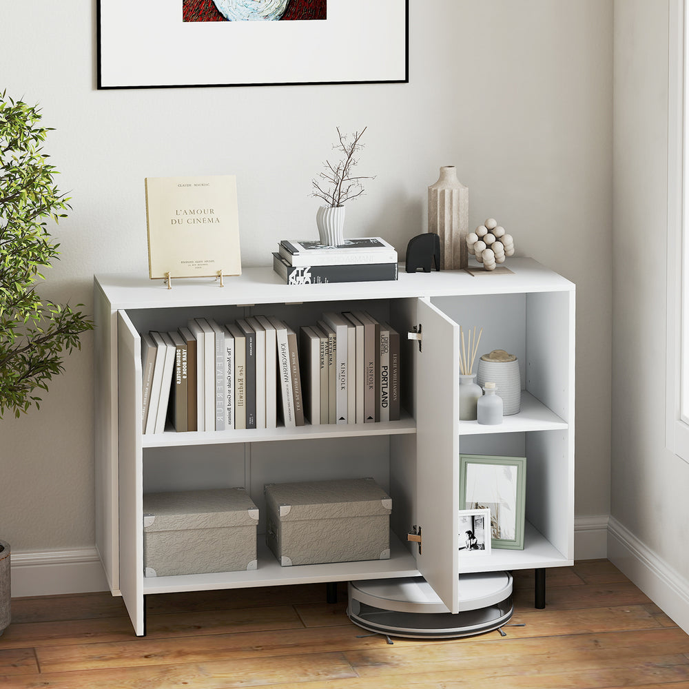 Side view of a 42-inch white sideboard buffet cabinet showcasing its spacious countertop and elegant design for.