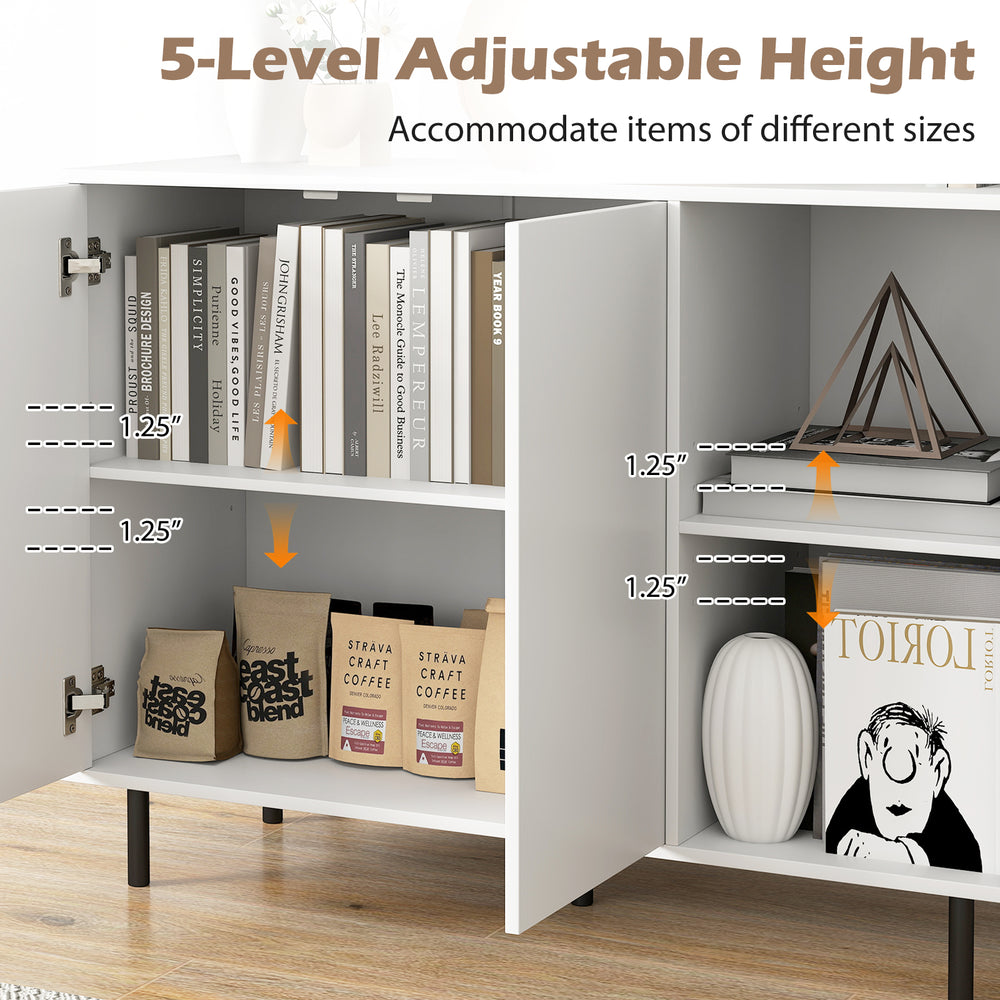 42-inch white sideboard buffet cabinet with 5-level adjustable shelves for organized kitchenware and elegant cut-out.