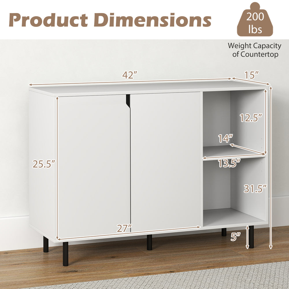 Dimensions of the 42-inch white sideboard buffet cabinet with adjustable shelves and sturdy metal legs for kitchen.