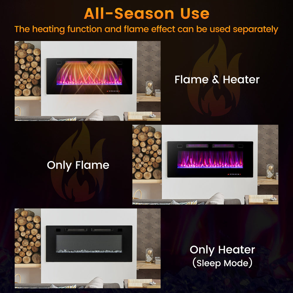 42-inch ultra-thin electric fireplace displaying flame and heater functions, ideal for indoor warmth and ambiance.