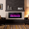 42-inch ultra-thin electric fireplace with decorative crystals, showcasing vibrant flame colors, ideal for indoor.