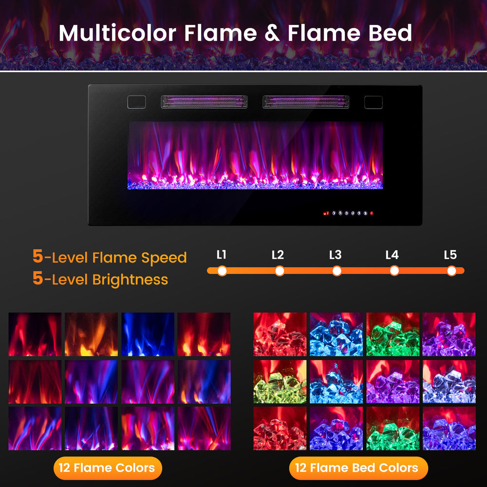 42-inch ultra-thin electric fireplace with 12 flame colors, decorative crystals, and smart app control for customizable.