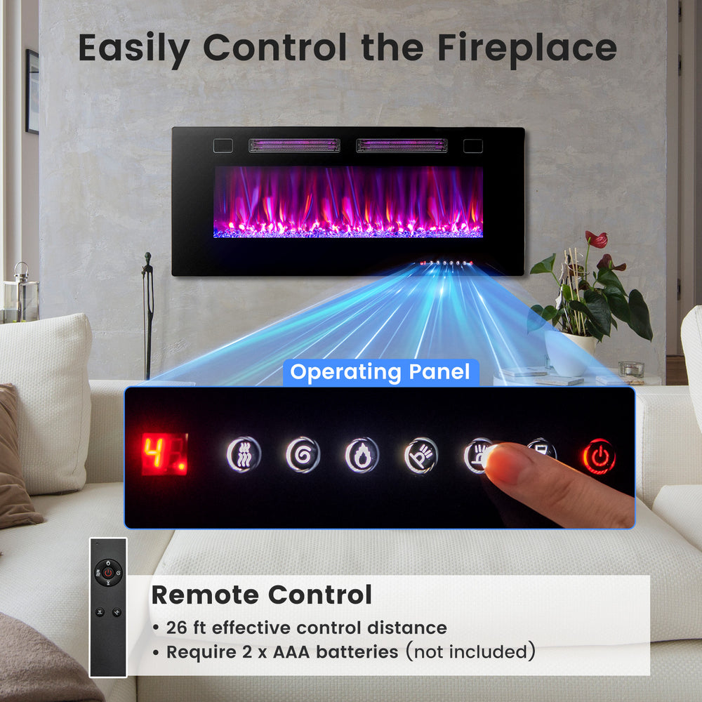 42-inch ultra-thin electric fireplace with decorative crystals, remote control, and customizable flame settings for.