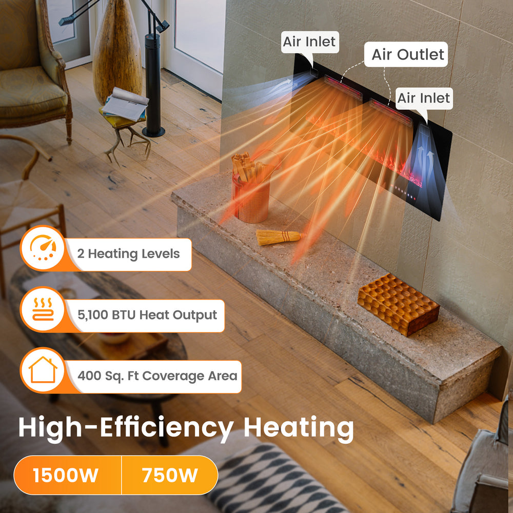 42-inch ultra-thin electric fireplace with decorative crystals, remote control, and customizable heating for 400 sq.ft.