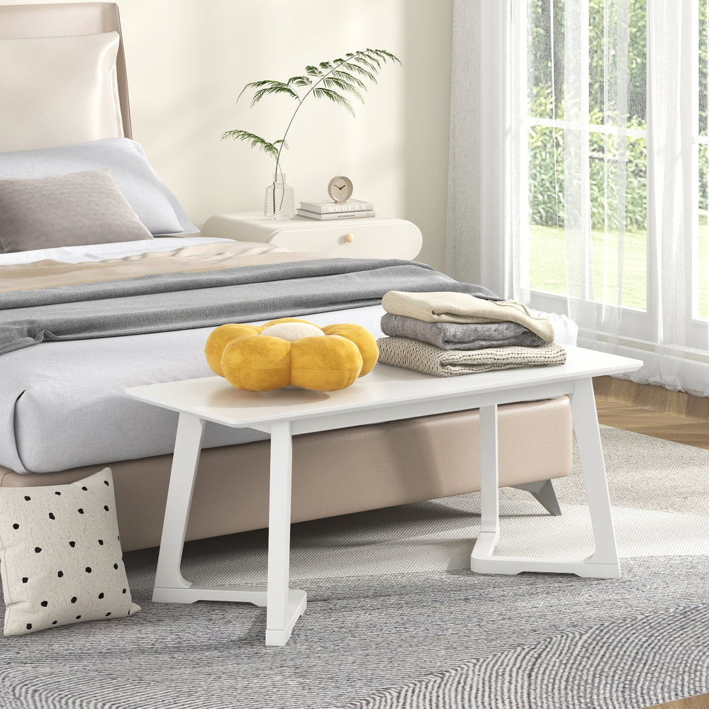 Modern 42-inch white entryway bench with rubber wood legs, ideal for dining or bedside use, featuring a smooth surface.