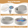 Round foam ball pit with gray PU cover, 25D sponge filling, and 200 ocean balls for toddlers' indoor play.
