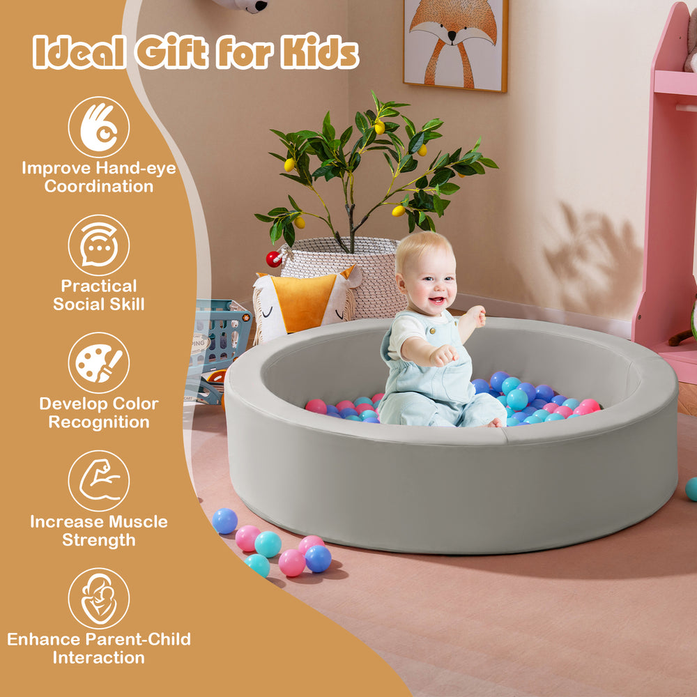 Round gray foam ball pit with 25D sponge filling and 200 ocean balls, promoting play and parent-child interaction.