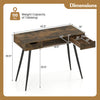 Mid Century Modern writing desk with metal legs, rustic brown finish, featuring dimensions and drawer details.