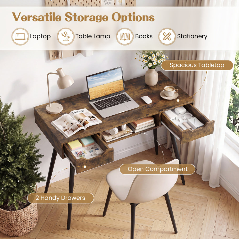 Mid-century modern writing desk in rustic brown with spacious tabletop, metal legs, and two handy drawers for storage.