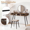 Mid-century modern writing desk in rustic brown with metal legs, featuring drawers and solid tapered legs for support.