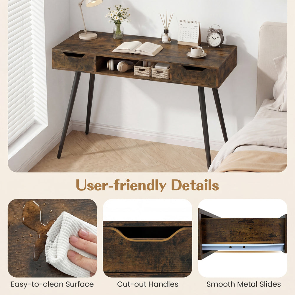 Mid-century modern writing desk in rustic brown with metal legs, featuring easy-to-clean surface and cut-out handles.
