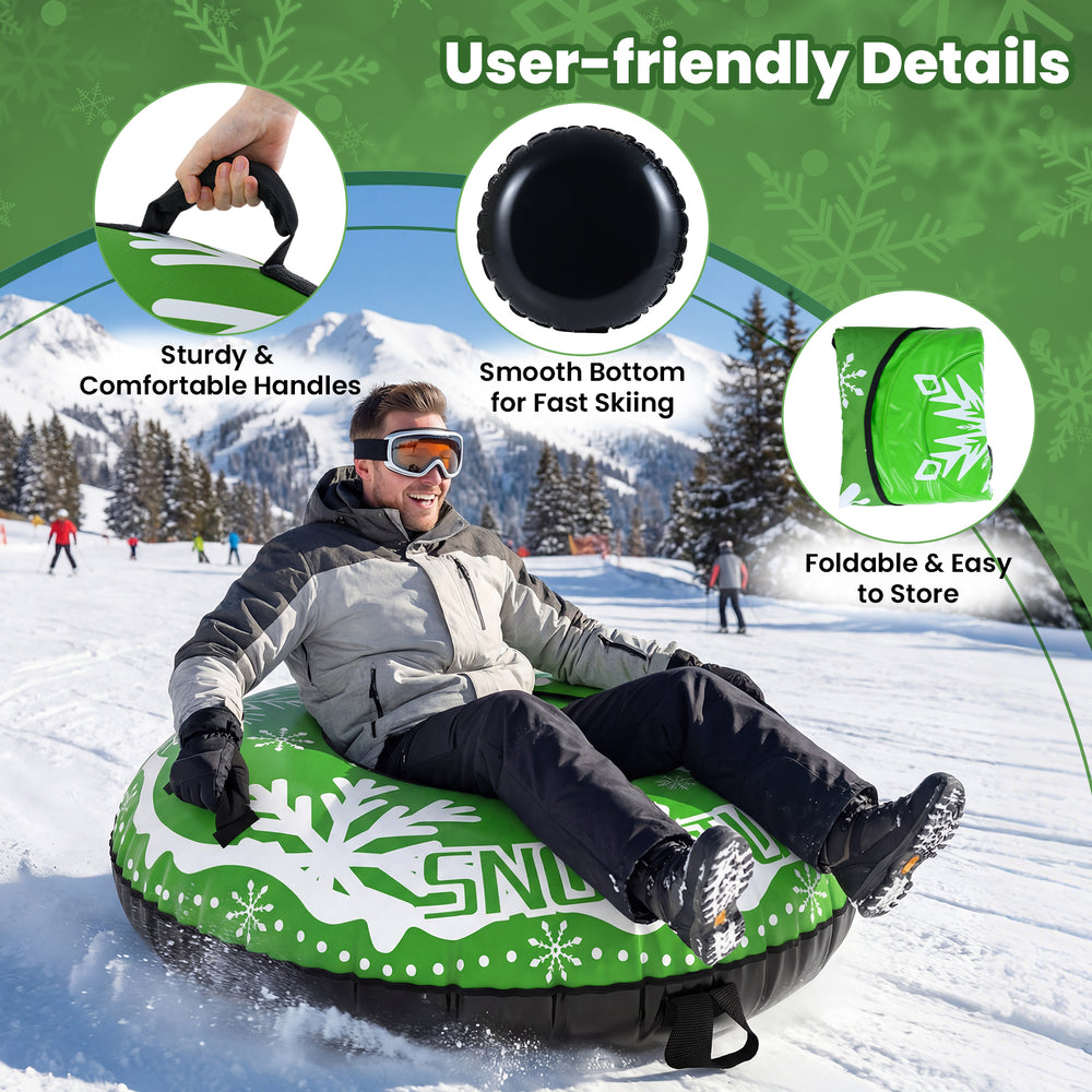 Heavy-duty 42" green inflatable snow tube with sturdy handles, smooth bottom for fast skiing, and foldable design for.