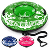 Heavy-duty 42" green inflatable snow tube with detachable tow strap, designed for durability and fast skiing fun.