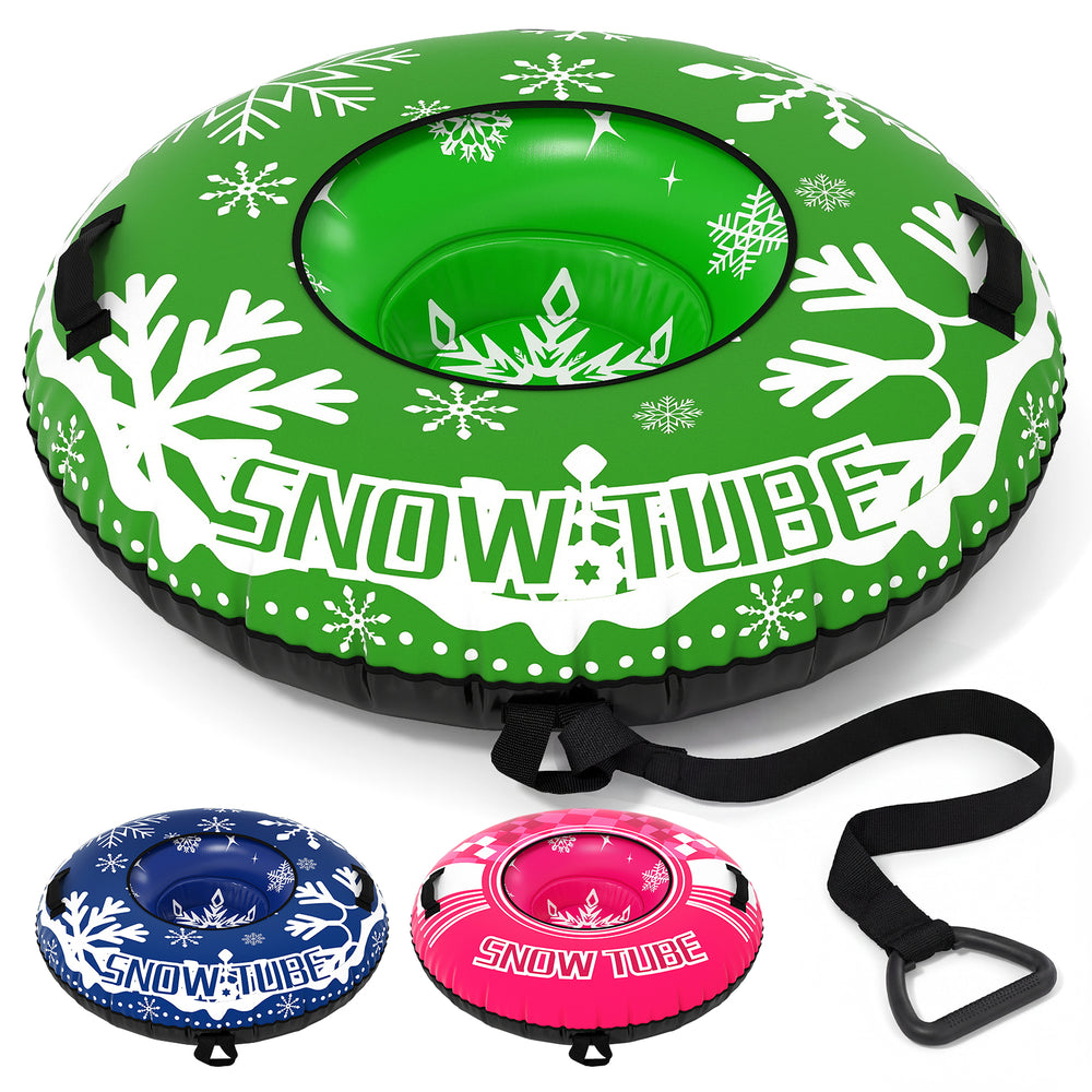 Heavy-duty 42" green inflatable snow tube with detachable tow strap, designed for durability and fast skiing fun.
