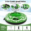 42" heavy-duty inflatable snow tube in green with detachable tow strap, designed for quick inflation and smooth skiing.