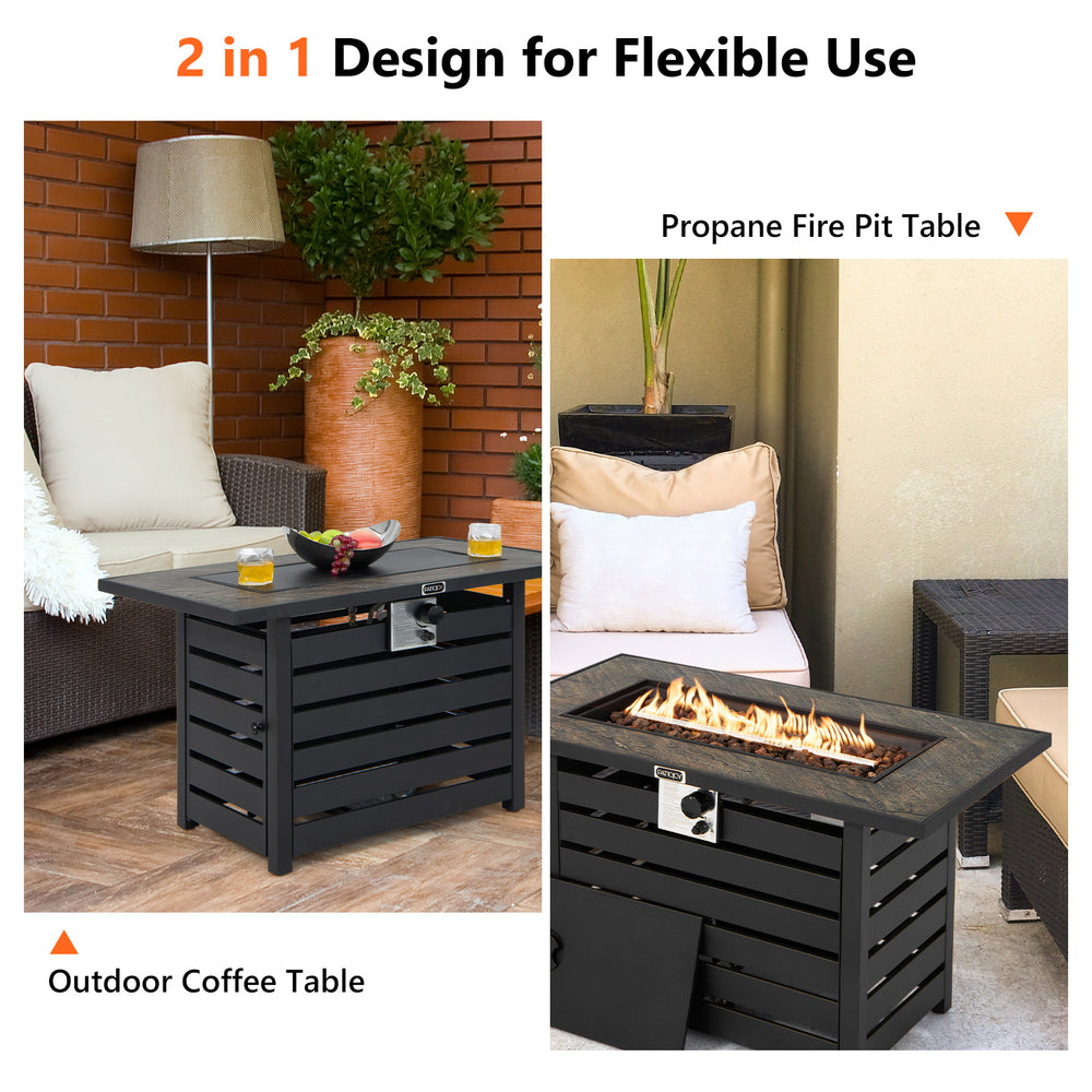 42-inch propane fire pit table with ore powder surface, convertible to coffee table, featuring 50,000 BTU heat output.
