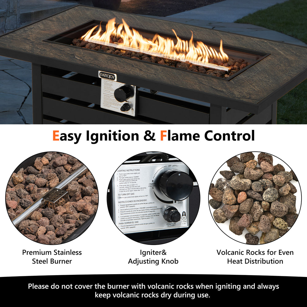 42-inch propane fire pit table with stainless steel burner, lava rocks, and ore powder surface for outdoor warmth.