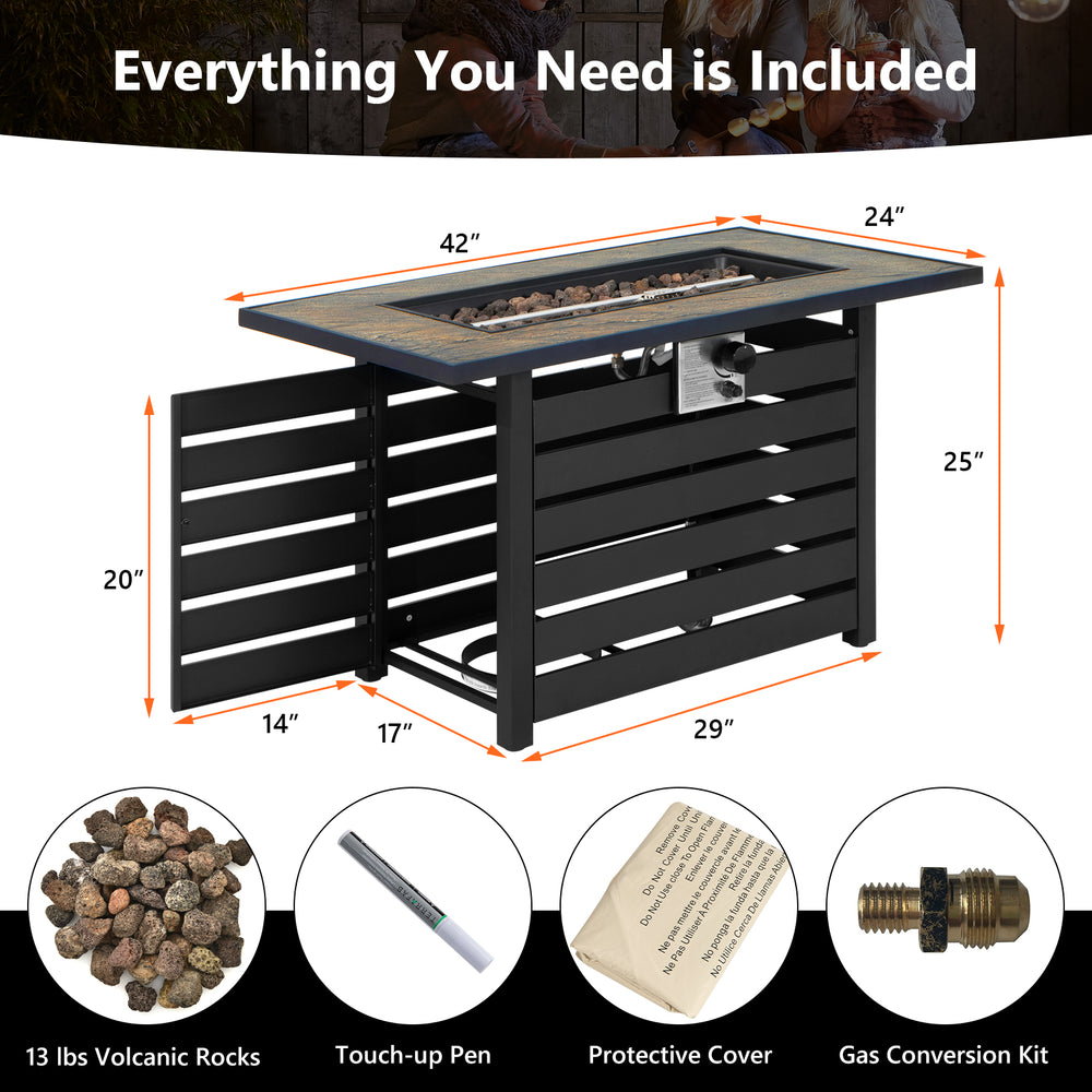 42-inch propane fire pit table with ore powder surface, 50,000 BTU output, and included lava rocks for outdoor warmth.
