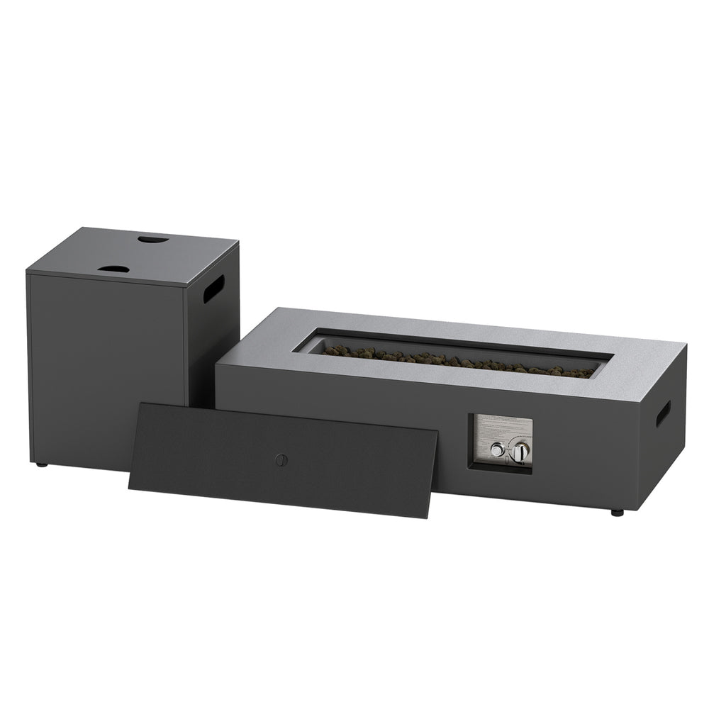 Rectangular 42-inch outdoor fire table with 50,000 BTU output, removable lid, and multifunctional tank holder for.