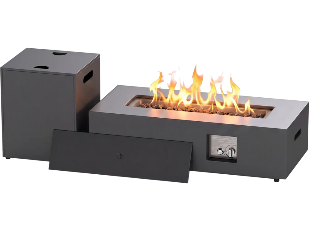 Rectangular 42-inch outdoor fire table with 50,000 BTU output, removable lid, and multifunctional tank holder.