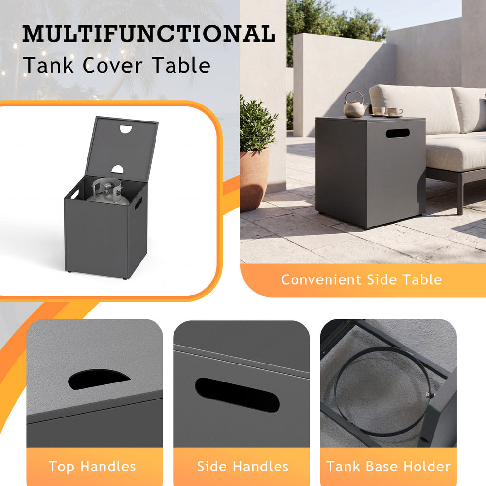 Multifunctional outdoor fire table with tank holder, removable lid, and convenient side table design for versatile use.