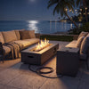 Rectangular 42-inch outdoor fire table with 50,000 BTU heat, removable lid, and tank holder for versatile use.
