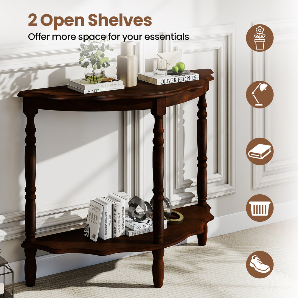 Half-moon console table with espresso finish, featuring 2 open shelves and rubber wood legs for hallway organization.
