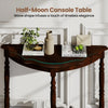 Half-moon console table with espresso finish, featuring rubber wood legs and two open shelves for stylish organization.