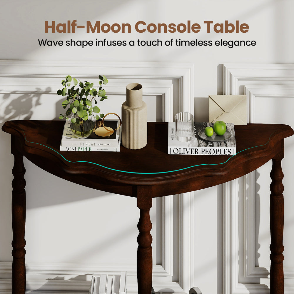 Half-moon console table with espresso finish, featuring rubber wood legs and two open shelves for stylish organization.