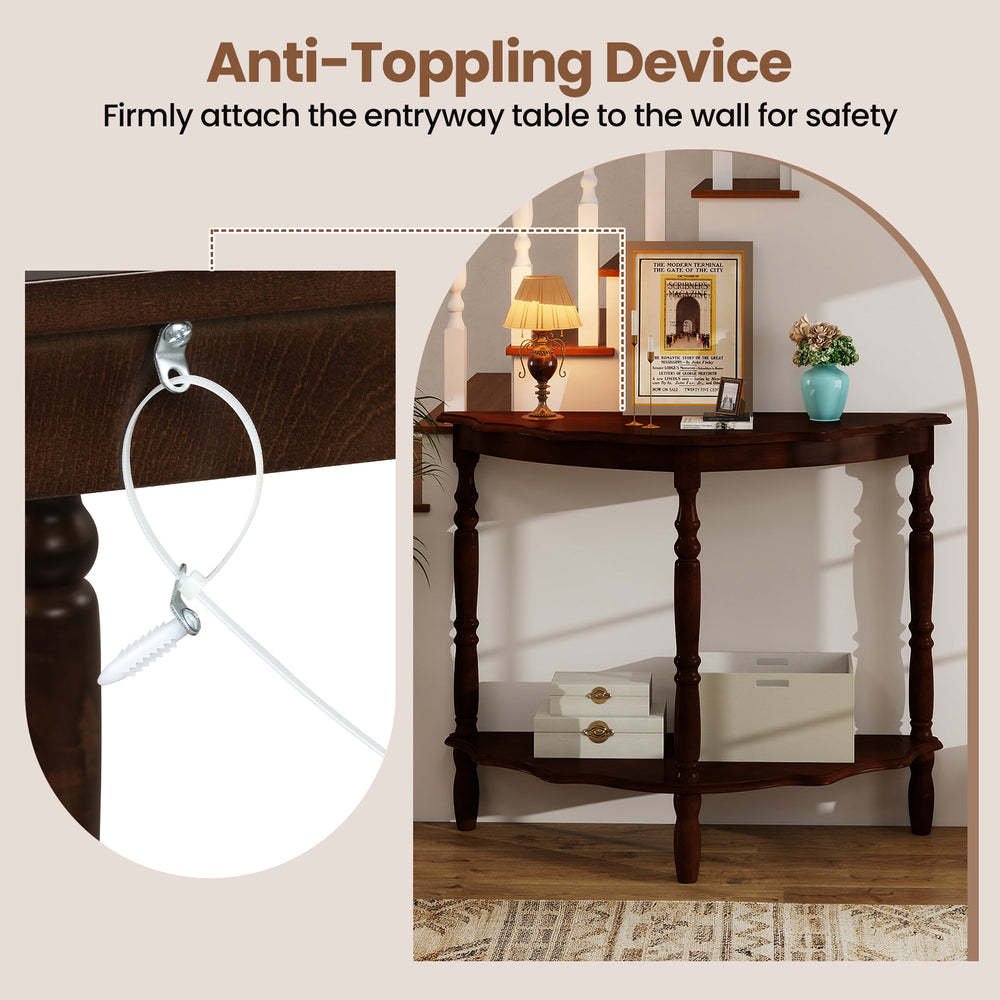 Detail of the anti-toppling device on the 42-inch half-moon console table with rubber wood legs for safety.