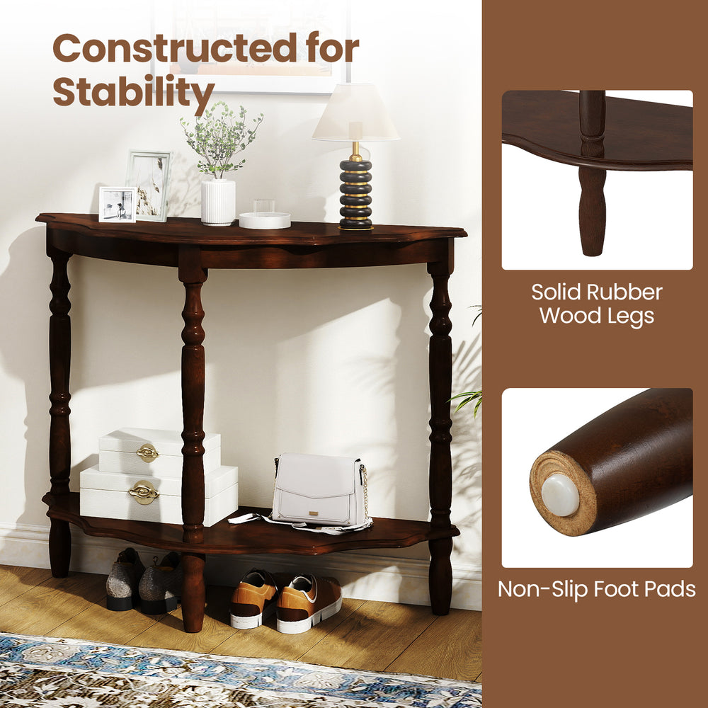 Half-moon console table with espresso finish, rubber wood legs, and two open shelves for hallway organization.
