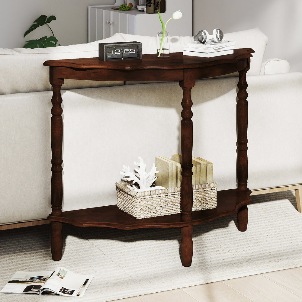 Espresso half-moon console table showcasing sturdy rubber wood legs and cloud-shaped shelves, ideal for stylish.