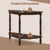 Half-moon console table with rubber wood legs, featuring two open shelves for organization, ideal for hallways or.