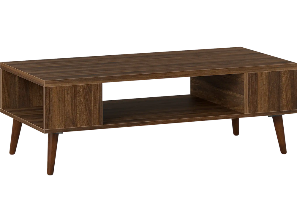 Mid-century modern walnut coffee table with open compartment and side shelves for versatile storage and organization.