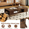 Mid-century modern coffee table with walnut finish, open compartment, and solid rubber wood legs for versatile storage.